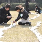 В память погибших учащиеся из старшей школы Омия в Миядзаки выложили в линию тысячу бумажных журавликов. 11-е марта 2012 г.